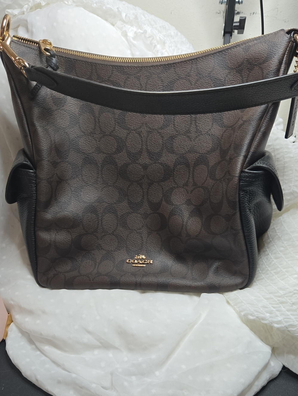 Coach Pennie Brown and Black Signature Canvas Shoulder Bag - No Crossbody Strap